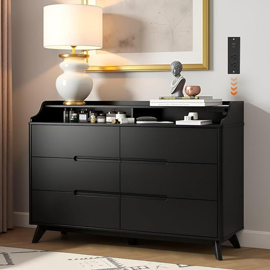 Dresser for Bedroom with 6 Drawers, 55" Large Dresser & Chest of Drawers with Charging Station, Wood Closet Clothes Storage Long Dressers Organizer for Bedroom Living Room Hallway, Black