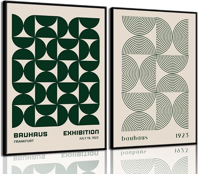 2Pcs Bauhaus Mid Century Modern Wall Art Retro Exhibition Posters Prints Green Boho Geometric Abstract Minimalist Wall Decor Pictures for Bedroom iving Room Dining Room UNFRAMED (Green, 12x16in)