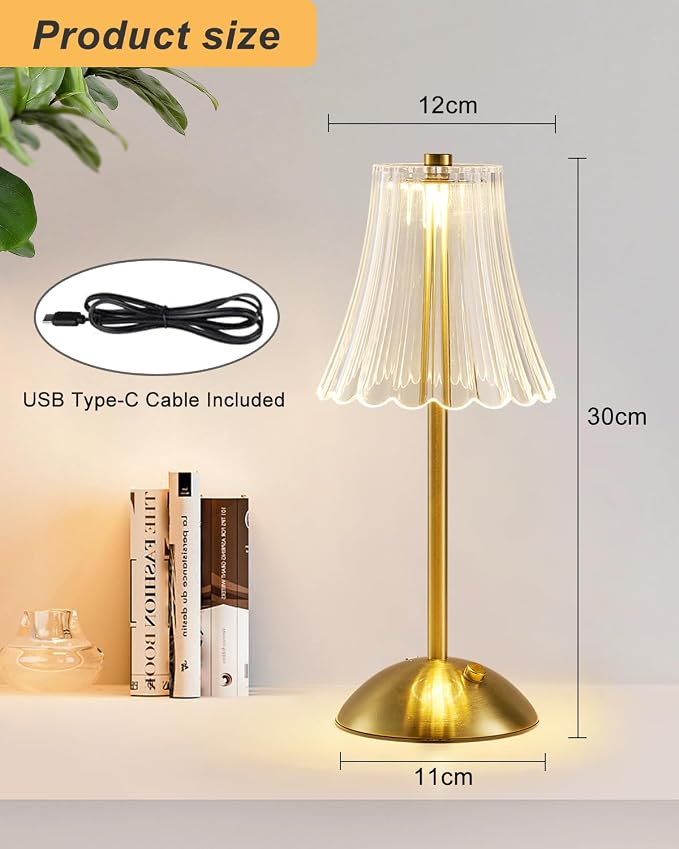 SHREWSBURY & CO Rechargeable Table Lamp Brass, LED Desk Lamp Battery Operated, 3 Colors and Dimmable, Bedside Reading Light, Cordless Touch Lamps for Bedroom Living Room Bar Restaurant