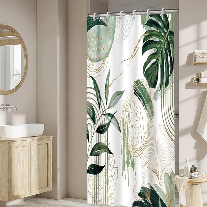 Modern Boho Shower Curtain Green Gold Tropical Palm Leaf Abstract Geometric Minimalist Aesthetic Bathroom Decor Watercolor Plant Bath Curtain Washable Waterproof Polyester Fabric with Hooks 36x72 Inch