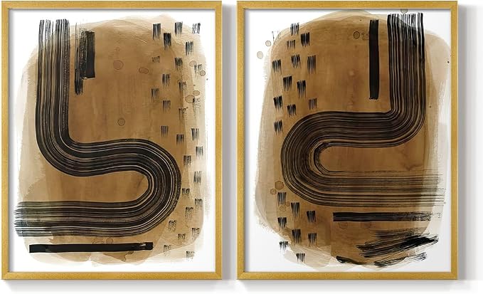 Renditions Gallery Set of 2 Peel & Stick Framed Prints, Abstract Wall Art, Hand Drawn Ink Curves Wall Decor, Re-Stickable - Ready to Hang - 8"x10" - GOLD Frame LT588