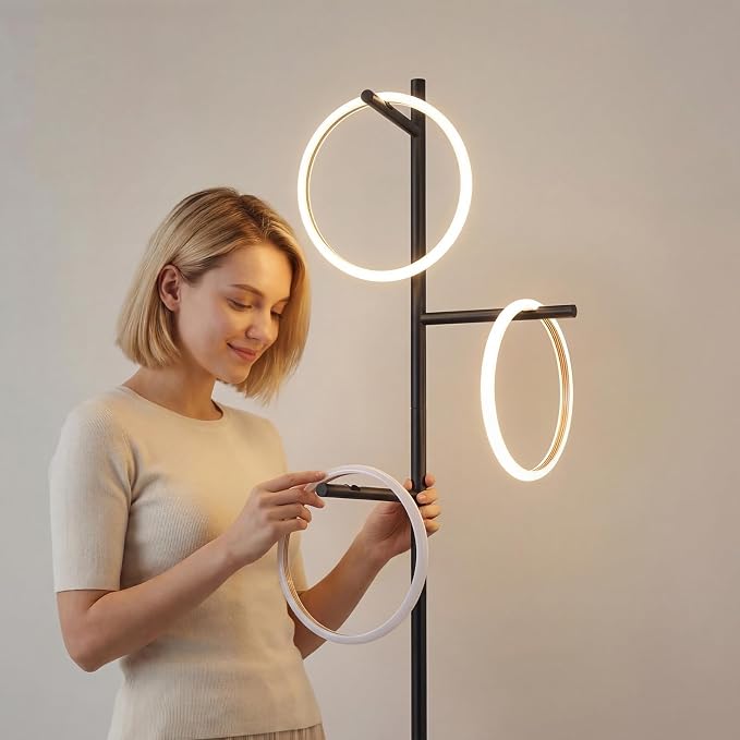 Bairth Black Floor Lamp with 3 Lights, Modern LED Tree Floor Lamp for Living Room, 17W Stepless Dimmable Tall Standing Lamp with 3 Detachable Circular Lights for Reading, Bedroom, Office, Matte Black
