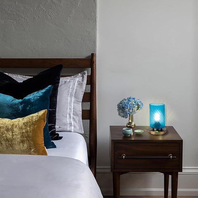 Modern Bedside lamp Gold Table lamp mid Century Modern Table lamp with Blue Glass Shade mini nightstand Lamps Small Desk lamp for Bedroom Living Room Office end Table