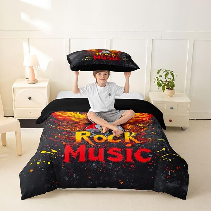 Erosebridal Rock Music Bedding Set Twin for Boys Men - Rock Roll Electric Guitar Duvet Cover Vintage Cool Flame Wings Guitar Comforter Cover,Trendy Punk Music Bed Set