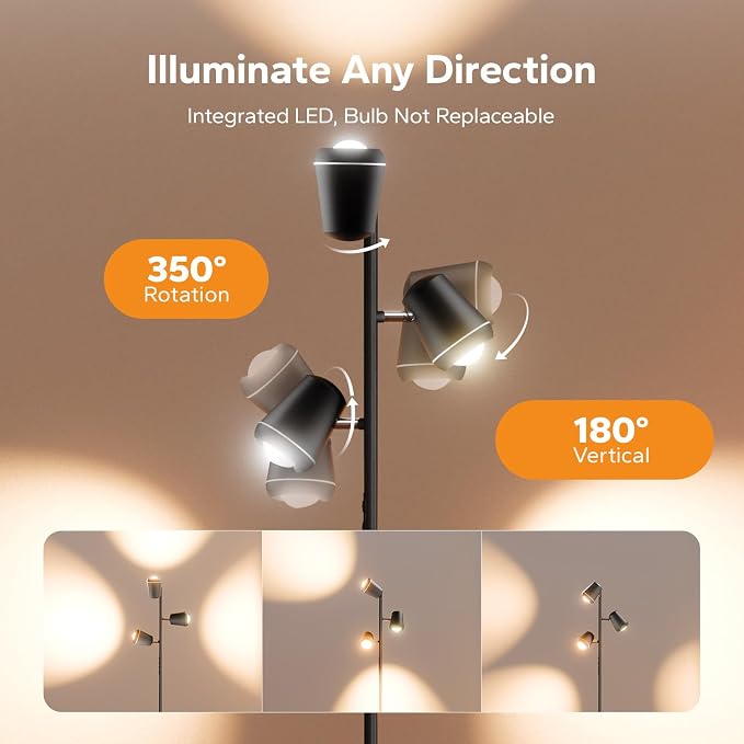 SIBRILLE 36W LED Tree Floor Lamp, Upgraded 3 Rotatable Lights Standing Lamp with Remote & Touch Control, Dimmable Tall Lamp Modern Floor Lamps for Living Room Bedroom Office