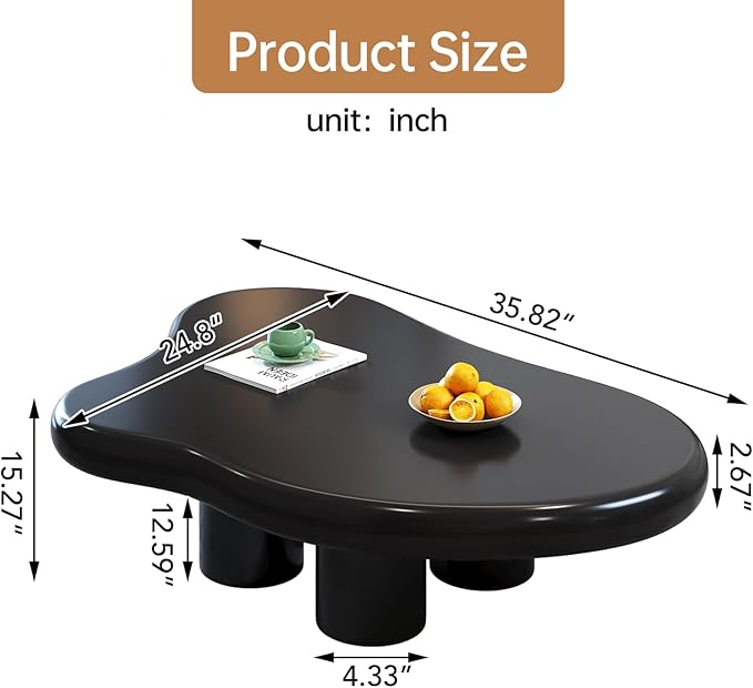 35.82" Black Cloud Coffee Table, Modern Round Edge Coffee Table with 4 Sturdy Support Legs and 2.67" Thick Tabletop,Easy Match for Living Room, Bedroom, Balcony,Patio