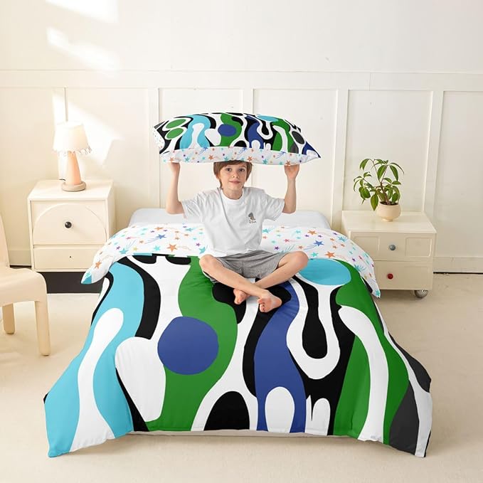 Erosebridal Mid Century Modern Abstract Duvet Cover Set Vintage Geometric Twin Bedding Sets for Girls Teenage Boys Contemporary Organic Shapes Comforter Cover Squiggle Blob Bed Set,Blue Turquoise