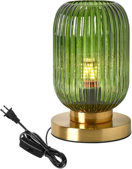 Glass Table Lamps Mid Century Modern Globe Table lamp Gold Desk lamp nightstand lamp with Green Pumpkin Design Ribbed Glass Bedside Table Lamp for Bedroom Living Room Office
