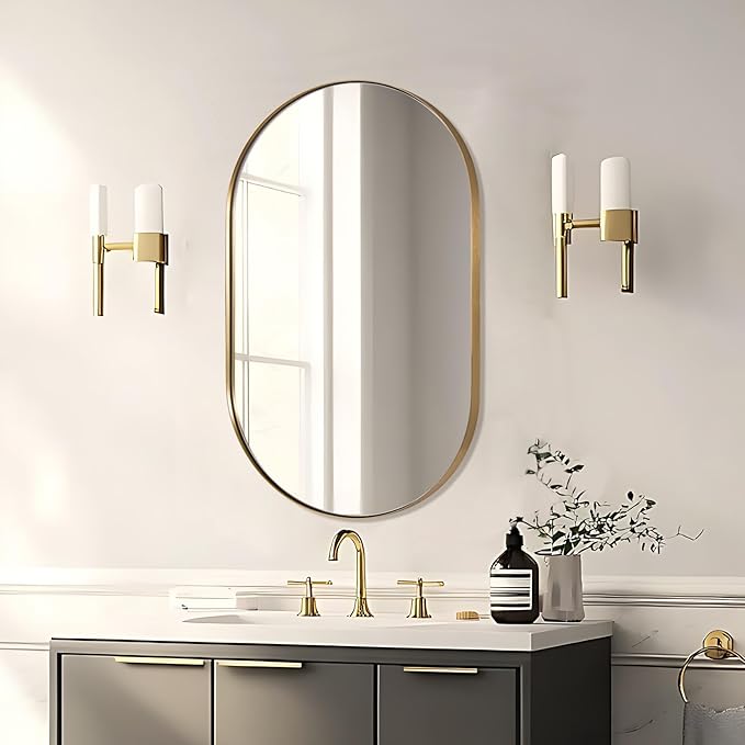 ANDY STAR 26x38 Inch Gold Oval Mirror, Oval Brass Mirror Pill Shaped Stainless Steel 1’’ Deep Metal Frame Wall Mounted Vertically & Horizontally Ideal for Limited Space
