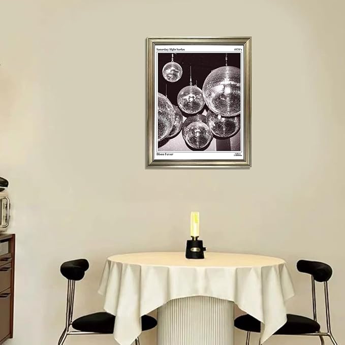 Disco Ball Music Wall Art, Vintage Framed Print Posters for Room Aesthetic Decor, Trendy Retro 70s Decor Funky Wall Art, Preppy Bar Cart Canvas Artwork