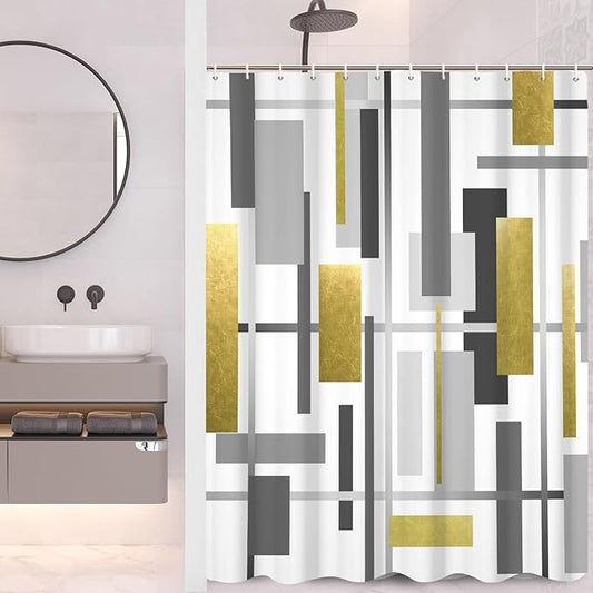 Abstract Geometric Shower Curtain Modern Gold and Grey Rectangle Space Pattern Design for Minimalist Bathroom Decor Accessories Shower Curtain Set with 12 Hooks, 72x72 Inches