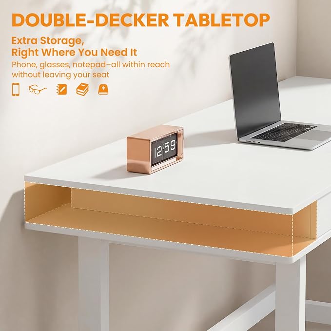 Double-Top Solid Wood Desk - 60-Inch Mid-Century Modern Writing Table with Drawers for Home Office, Study, and Creation, Rubberwood Computer Desk in White