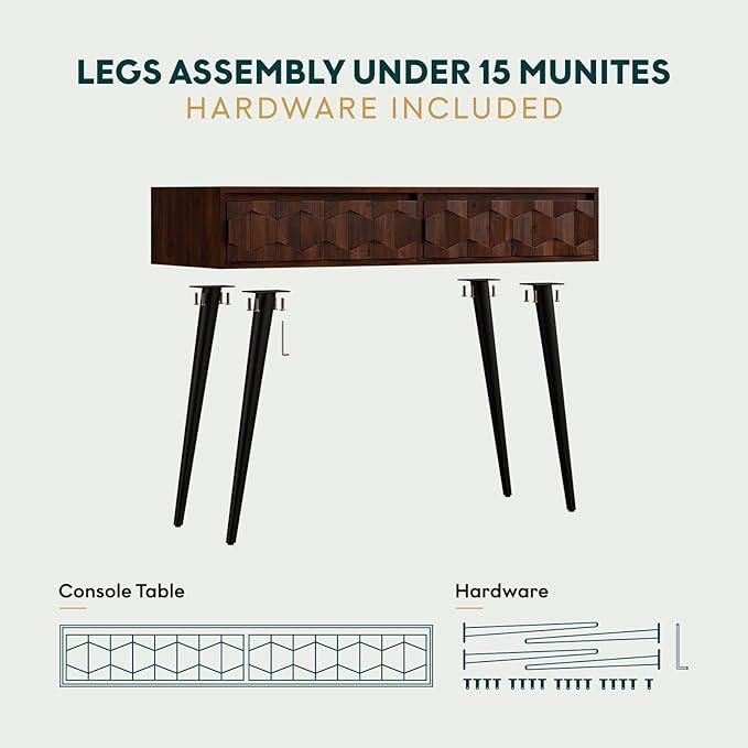Bme Console Modern Mid-Century 2 Drawers, Unique Geometric Design Sofa Table for Entryway, Hallway, Living Room, Walnut