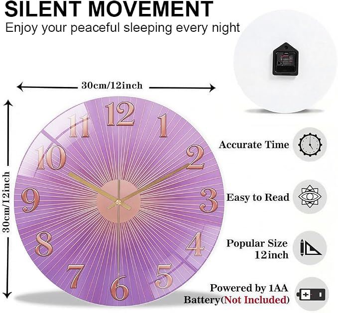 12 Inch Purple Sunburst Glass Wall Clock Silent Art Decor | Silent glossy clock with a purple sunburst and rose gold numbers, perfectly tracking time for your bedroom or living room