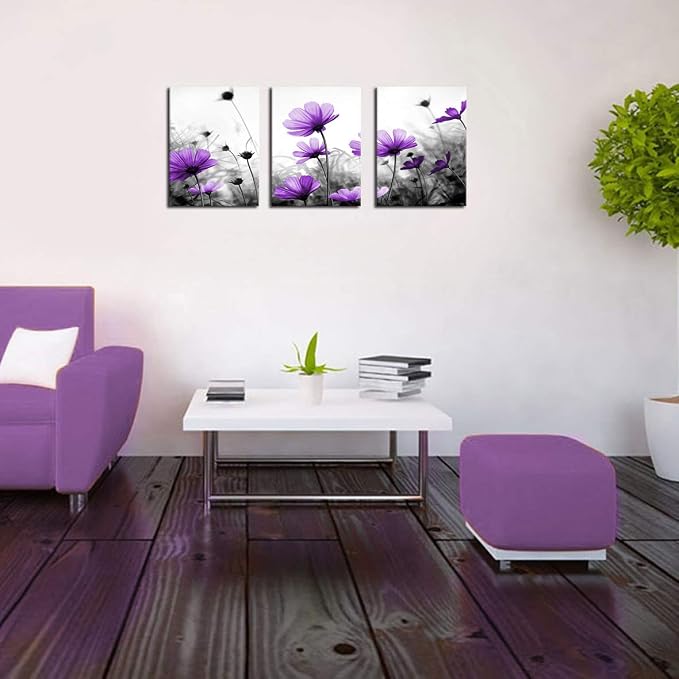 Flowers Wall Art Canvas Pictures Purple Wildflowers Black and White Background 3 Piece Canvas Art Blossom Contemporary Artwork for Home Decoration Office Kitchen Wall Decor 12"x 16" x 3 Panels