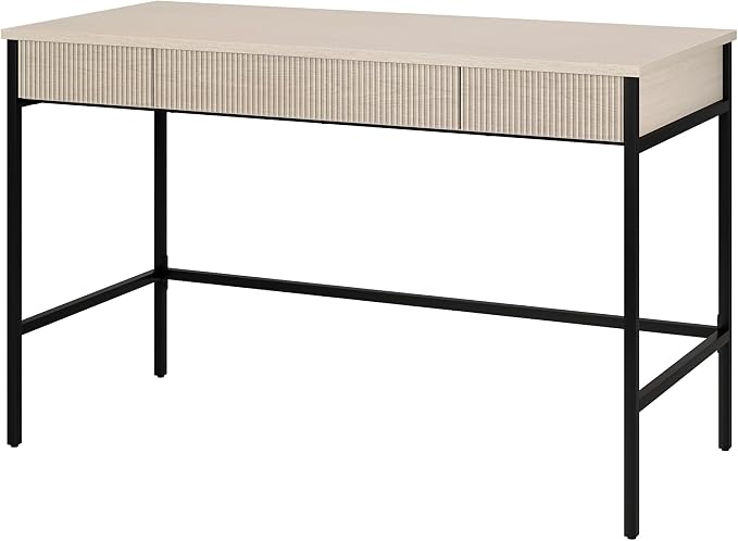 Henn&Hart 48" Fluted Mid-Century Modern Rectangular Wooden Home Office Desk Computer Desk Writing Table with 3 Ribbed Storage Drawers for Bedroom, Living Room, or Home Office, Beech White