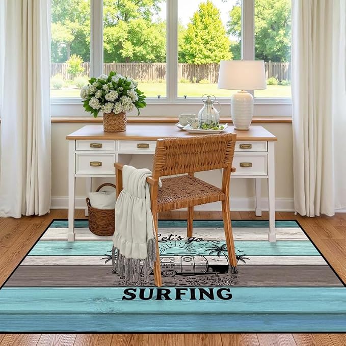 Surfing Area Rug Beach Van Palm Tree Carpet Retro Wood Grain Striped Rugs Non Slip Washable Floor Mat for Entryway Bedroom Living Room Nursery Playroom Home Decor,3'x5'