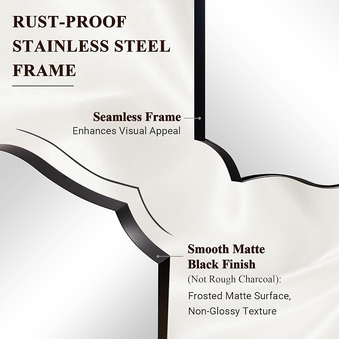 ANDY STAR 24"x30" Black Scalloped Mirror, Bathroom Mirrors for Over Sink, Black Framed Mirror with Elegant Curved Scallop Design, Premium Stainless Steel Thin Frame, Hangs Horizontally or Vertically