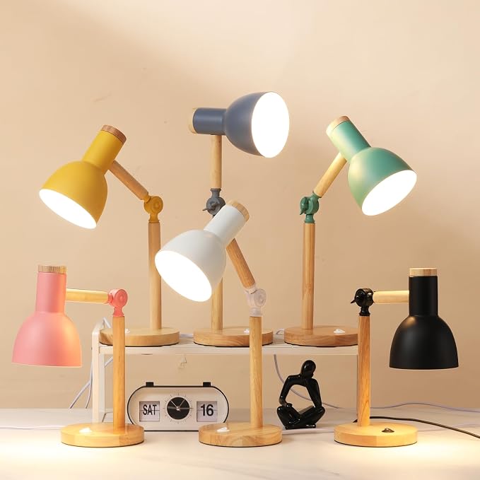 Table Lamp,Wooden Adjustable Tri-Color Desk & Bedside Lamp for Office, Living Room, Bedroom & Kids Room (Yellow)