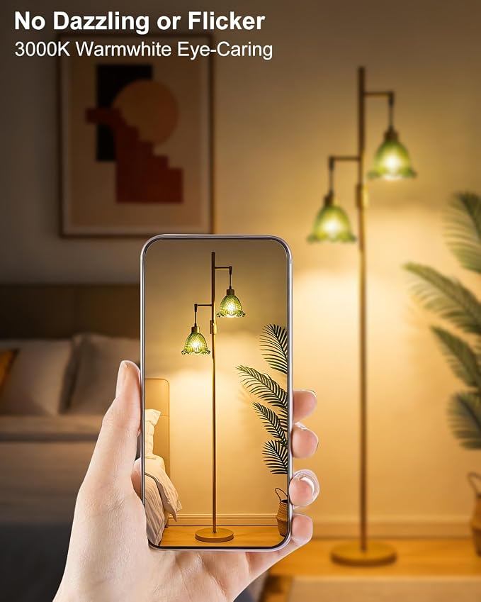 2-Light Modern Glass Floor Lamp, Gold Tall Standing Lamp with Green Bell Glass Shade for Reading, Dimmable LED Floor Lamp with 5Lbs Heavy Base for Living Room Bedroom Home Decor, Bulb Included