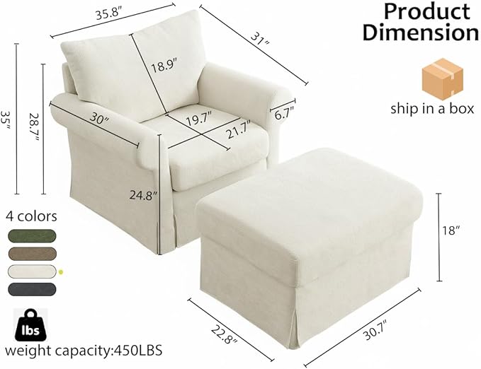 35.8" Chenille Accent Chair with Ottoman Set, Comfy Upholstered Armchair with Rolled Arms, Modern Single Reading Chair for Living Room, Bedroom, Apartment, White