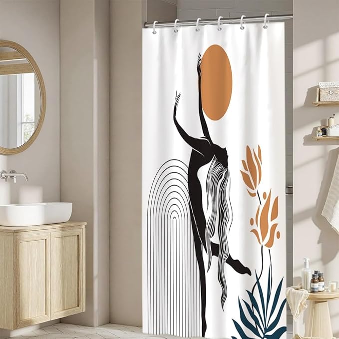 Boho Shower Curtain for Bathroom Female Dancer Holds The Sun Leaf Abstract Floral Shower Curtains Modern Minimalist Bathroom Decor Machine Washable Waterproof Polyester Fabric with Hooks 36x72 Inch