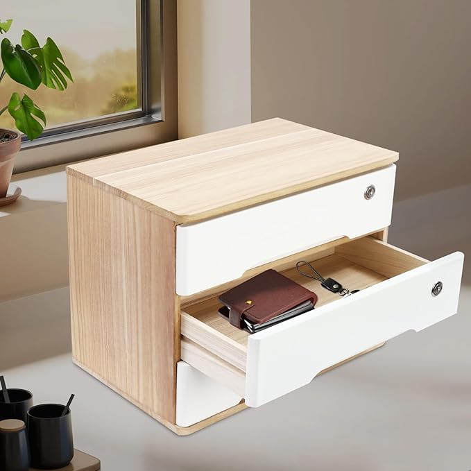 Wooden Desk Organizer with Drawers & Lock Desktop Storage Cabinet Tabletop Organizing Unit for Home Office Supplies File Stationery Jewelry (Light Brown, 3 Tiers)