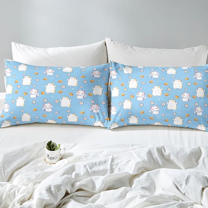 Erosebridal Cute Cat Duvet Cover Queen Kawaii Cats Kitten Bedding Set Pet Animals Cat Lovers Comforter Cover for Kids Girls Boys Adults Sushi Snacks Blue Bed Set