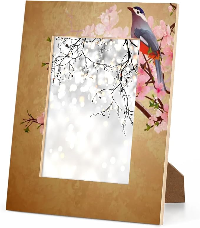 Retro Cherry Flower Birds 4x6 Picture Frame Wooden Photo Frames for Tabletop Display Wall Mounting Fits 4x6 Pictures Home Office Decor