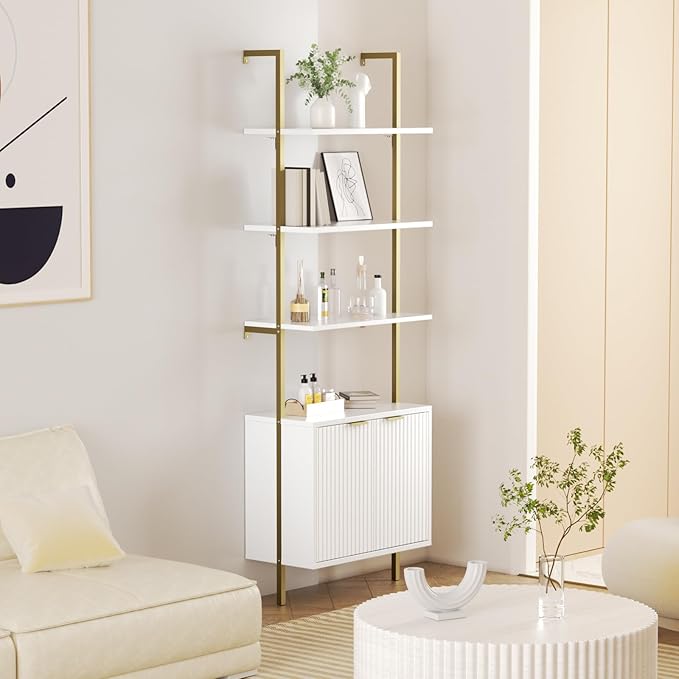 Set of 2 Ladder Bookshelf with Cabinet, 71" Tall Bookcase with Shelves & Storage, Fluted Ladder Shelf with Metal Frame, 6-Tier Display Rack for Living/Bedroom, Home & Office, White & Gold