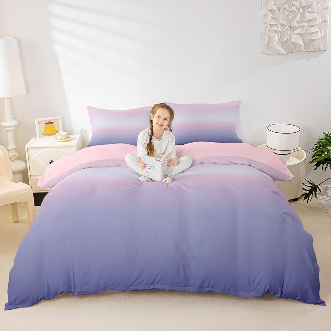 Erosebridal Pink and Purple Bedding Set King Modern Ombre Duvet Cover for Kids Teens Abstract Rainbow Comforter Cover Watercolor Artwork Bed Set with Zipper