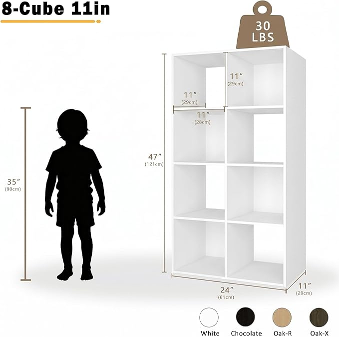Endearing Limons【2026 Wooden 8 Cube Shelf Storage Organizer with Anti-Tipping Kits + Reversible Open Back Solid Panel Bookcase (11 x 11 Unit Cell White)