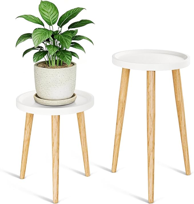Plant Stand Indoor 2 Pack, Wood Mid Century Indoor Plant Stand, Tall Plant Stands for Flower Pot, Modern Plant Table, Small Side End Table With Raised Design, White, 11.7"x18.8" & 11.7"x13"