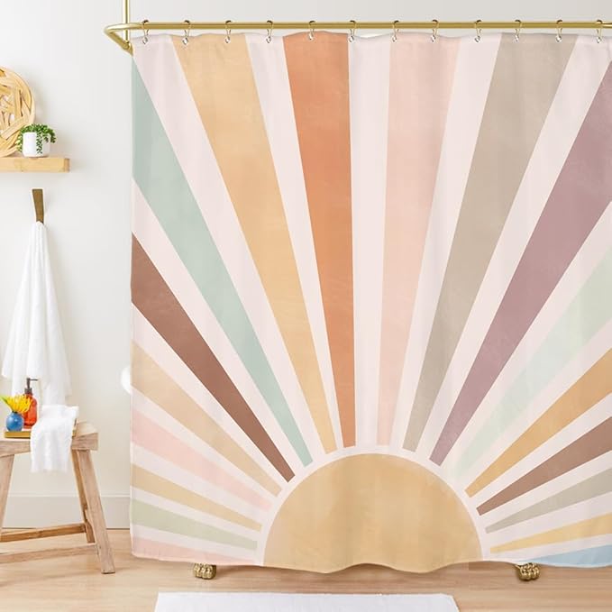 Miyotaa Sun Rainbow Retro Shower Curtain Set 71Wx71H Inches Minimalist Art Colorful Pastel Girls Abstract Colorful Aesthetic Vintage Polyester Waterproof Bathroom Curtain with 12 Hooks