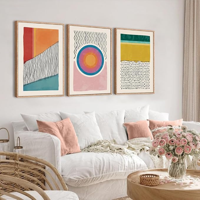 HPINUB Boho Framed Canvas Prints Wall Art Set, Mid-Century Abstract Color Block Shape Wall Decor, Geometric Illustrations Art Photos for Living Room, Bedroom, Dining Room, Office, Bathroom-24"x36"x3