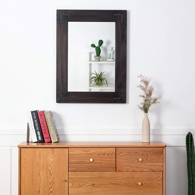 YOSHOOT Rustic Wooden Framed Wall Mirror, Natural Wood Bathroom Vanity Mirror for Farmhouse Decor, Vertical or Horizontal Hanging (26" x 18", Black)
