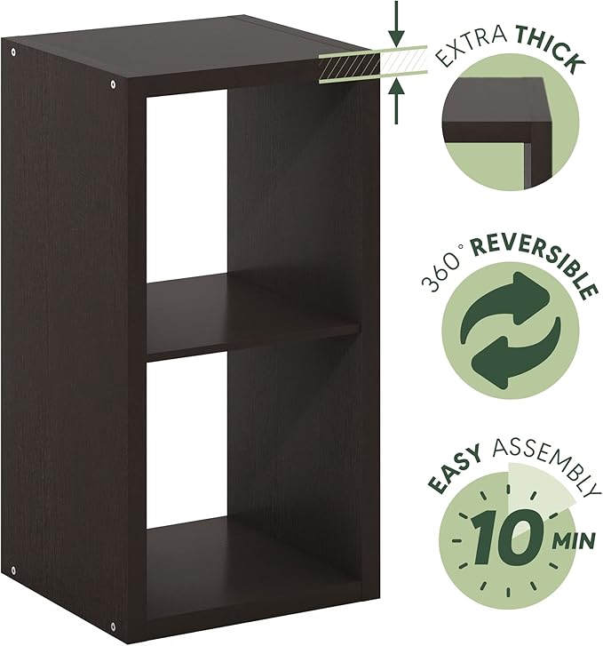 Furinno CUBICLE Book Shelf, 2-Cube Bookshelf, Extra Thick Frame Horizontally & Vertically Reversible Bookcase with Open Back, 14.6" x 16" x 30", for Living Room, Bedroom, Home Office, Black Dark Oak