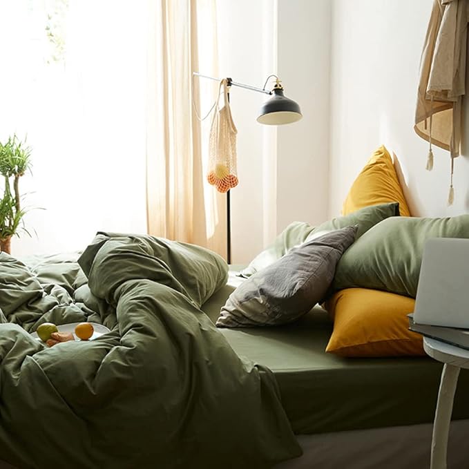 Omelas Olive Green Duvet Cover Full Size Avocado Green Modern Minimalist Style Solid Color Bedding Set Soft Lightweight Microfiber Quilt Cover with Zipper Closure Corner Ties, No Comforter