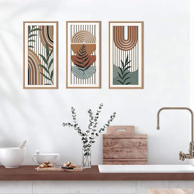 IARTTOP Boho Wood Wall Art Framed 8x16 Inch Set of 3 Mid-century Modern Abstract Wooden Wall Decor Minimalist Plant Artwork for Living room Bedroom Office
