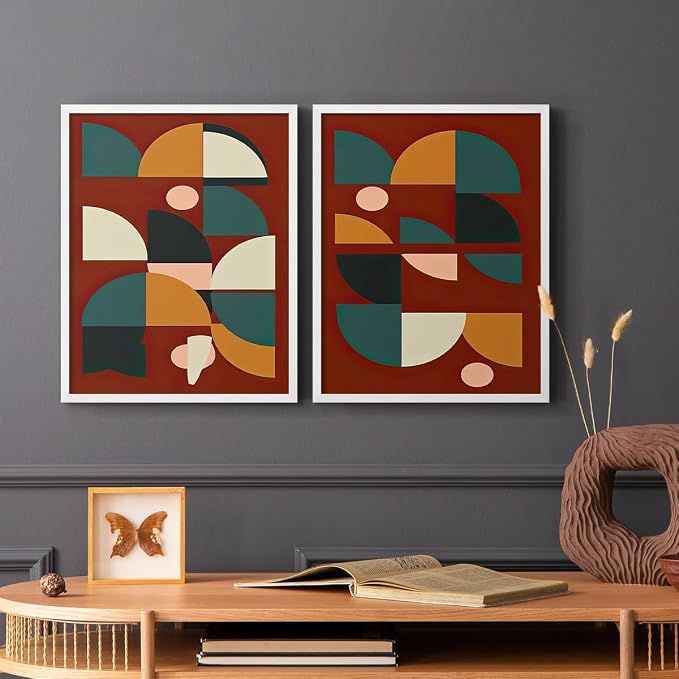 Renditions Gallery Set of 2 Peel & Stick Framed Prints, Mid Century Abstract Wall Art, Modern Geometric Shapes Wall Decor, Re-Stickable - Ready to Hang - 11"x14" - White Frame LT588