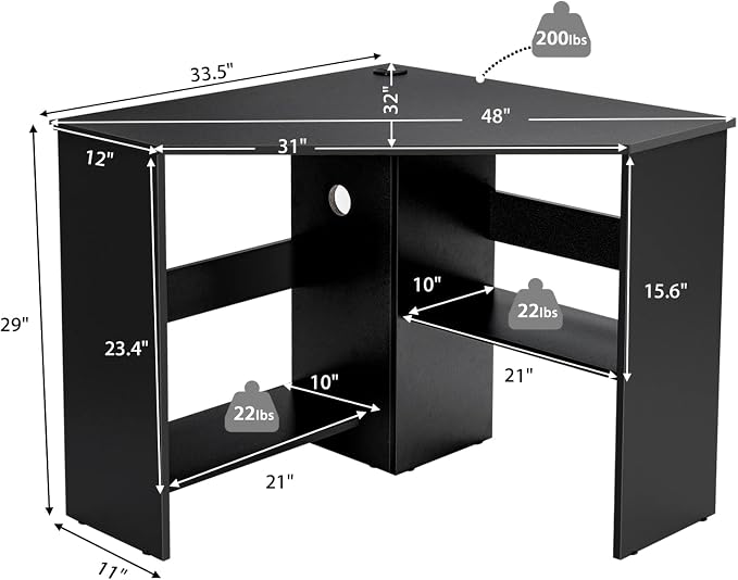 LDAILY Corner Desk, Space Saving 90 Degree Triangle Computer Desk with Storage Shelves & Cable Holes, Wood Compact Corner Writing Table for Small Spaces, Home Office, Bedroom & Living Room, Black