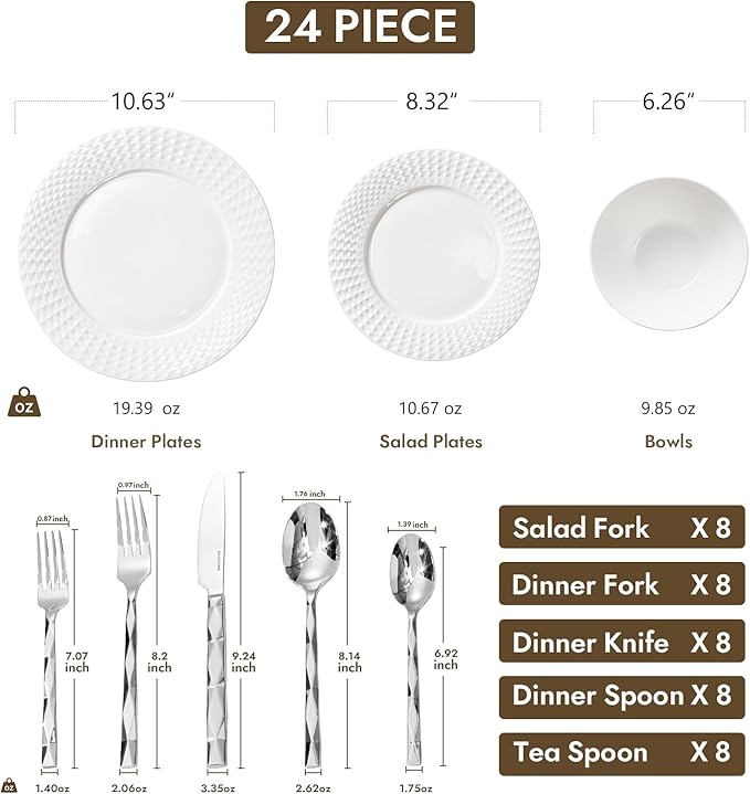 KINGSTONE 24-piece Bone China Dinnerware Set and 40-piece silverware, White Lightweight Porcelain for 8, Plates, Bowls with matching flatware, Microwave and Dishwasher Safe, for Family, Gifting