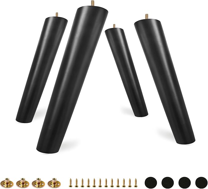 FoDau770 Black Rubber Wood Furniture Legs 10 Inches, Slant Tapered Wood Feet Mid Century Sofa Legs Set of 4, 5/16" UNC Furniture Feet Replacement Parts for Cabinet Couch Dresser Chair Ottoman Table