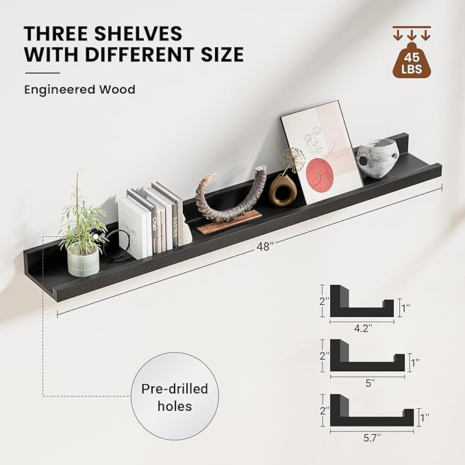 Heimlove 48 Inch Picture Ledge Shelf with Lip,Black Floating Shelves for Wall Set of 3,Long Wall Shelves in Varying Depths for Living Room,Bedroom,Nursery,Bookshelf