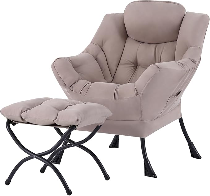 Tiita Modern Large Accent Chair with Ottoman, Comfy Leisure Sofa Armchair with Footrest, Reading Chair for Bedroom, Living Room, Dorm Rooms, Khaki