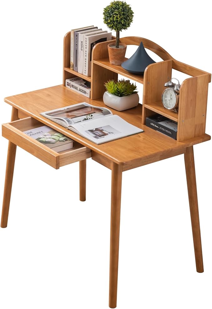 Solid Wood Desk with Drawers, Wooden Computer Desk for Home Office, Gaming Study Desk for Small Spaces, Writing Work Desk for Bedroom,Easy Assembly (Teak Color 40 inch)