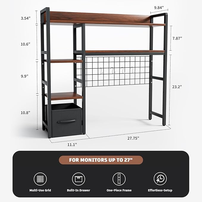 4- Tier Desk Shelf, Wooden Desktop Organizer Shelf with Grid Panels,Home Dormitory Office Computer Desk Bookshelf Storage Rack,Office Desk Bookshelf with a Woven Drawer,Black,38.6" Wide