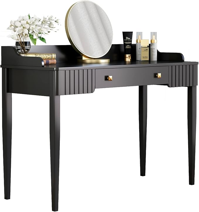 Space-Saving Black Wood Makeup Vanity Desk – Modern Computer Table with Drawers & Gold Handles