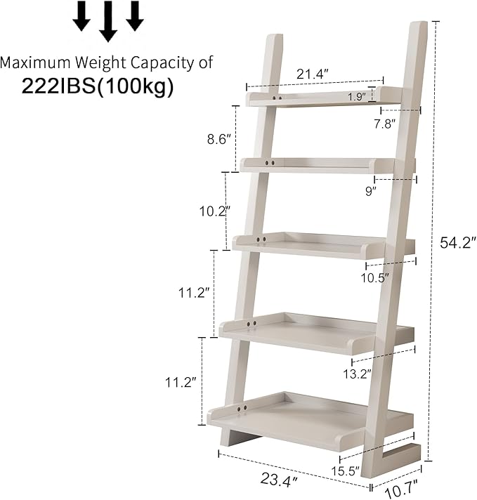 AQIMUELE White Wooden Ladder Shelf with Edges, 5-Tier Modern Leaning Bookshelf Ladder – Stylish Space-Saving Bookcase for Living Room, Bedroom & Home Office