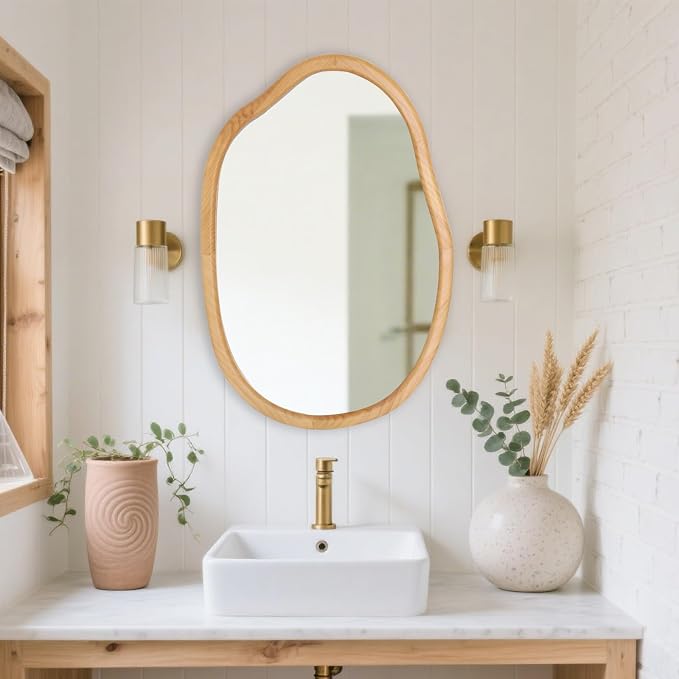 Irregular Wood Wall Mirror,22X32 Inch Asymmetrical Wavy Nature Decorative Farmhouse French Country Mirror for Bathroom, Living Room,Vanity, Nursery,Entryway